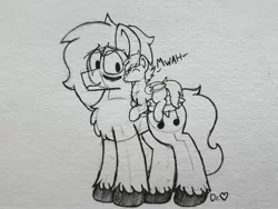 Size: 4128x3096 | Tagged: safe, artist:drheartdoodles, derpibooru import, oc, oc:dr.heart, oc:infi, earth pony, pegasus, pony, black and white, blushing, gay, grayscale, guidelines, kiss on the cheek, kissing, male, missing cutie mark, monochrome, mwah, oc x oc, shipping, size difference