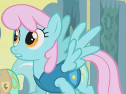 Size: 747x562 | Tagged: safe, derpibooru import, screencap, electric blue, lyra heartstrings, pegasus, pony, winter wrap up, background pony, cropped, female, mare, pink mane, pinkish, recolor, solo focus, spread wings, weather team, wings, winter wrap up vest