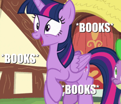 Size: 570x490 | Tagged: safe, derpibooru import, edit, edited screencap, screencap, spike, twilight sparkle, twilight sparkle (alicorn), alicorn, dragon, pegasus, pony, ppov, adorable face, adorkable, animated, book, bookhorse, cropped, cute, dork, excited, female, frown, grin, happy, male, mare, meme, open mouth, ponyville, prancing, purple smart, raised hoof, raised leg, smiling, solo focus, stare, talking, that pony sure does love books, trotting, trotting in place, twiabetes, wide eyes