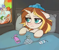 Size: 1280x1075 | Tagged: safe, artist:fensu-san, derpibooru import, oc, oc:caroline sunshine, unofficial characters only, pony, unicorn, bed, blanket, cover, female, mare, pillow, pills, sick, solo