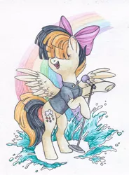 Size: 1060x1444 | Tagged: safe, artist:red-watercolor, derpibooru import, songbird serenade, pegasus, pony, my little pony: the movie, bipedal, female, mare, microphone, microphone stand, rainbow, solo