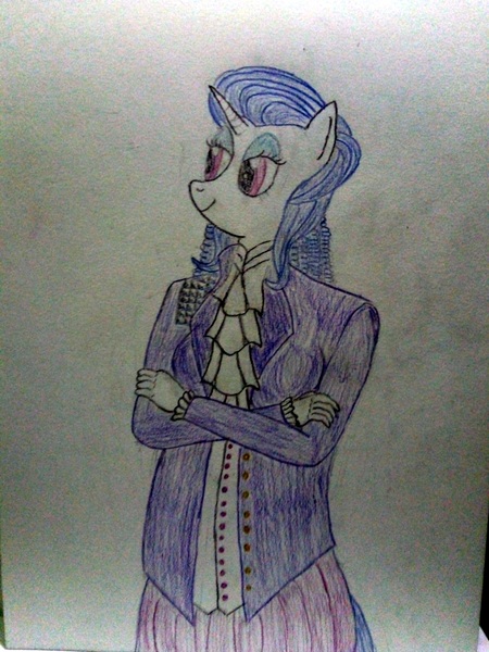 Size: 3120x4160 | Tagged: safe, artist:mildgyth, derpibooru import, majesty, anthro, unicorn, ziragshabdarverse, clothes, crossed arms, eyeshadow, female, g1, g1 to g4, generation leap, horn, jacket, makeup, prince (musician), purple rain, shoulder pads, skirt, solo, traditional art