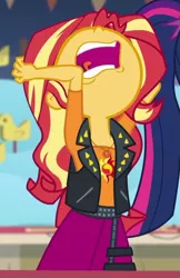 Size: 489x756 | Tagged: safe, derpibooru import, screencap, sci-twi, sunset shimmer, twilight sparkle, equestria girls, equestria girls series, rollercoaster of friendship, aaugh!, cropped, female, nose in the air, offscreen character, rageset shimmer, volumetric mouth