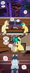 Size: 1280x3106 | Tagged: safe, artist:shinodage, derpibooru import, oc, oc:apogee, oc:delta vee, oc:jet stream, unofficial characters only, pegasus, pony, apartment complex, bottle, building, carrot, chair, city, clothes, comic, cup, delta vee's junkyard, drink, eating, family, father and child, father and daughter, female, filly, food, freckles, male, mare, mug, necktie, open mouth, penthouse, plate, shirt, sitting, speech bubble, stallion, table, tinyface