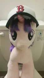 Size: 1440x2560 | Tagged: safe, derpibooru import, starlight glimmer, pony, unicorn, bathroom, boston red sox, but why, hat, plushie, solo, toilet