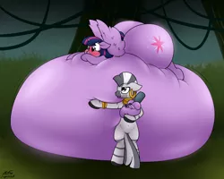 Size: 2696x2161 | Tagged: alicorn, artist:the-furry-railfan, belly, belly bed, big belly, blushing, blushing profusely, butt, derpibooru import, everfree forest, huge belly, huge butt, impossibly large belly, impossibly large butt, inflation, jewelry, large butt, leg rings, neck rings, puffy cheeks, spread wings, squishy, suggestive, this will end in balloons, twilight sparkle, twilight sparkle (alicorn), voodoo doll, voodoo inflation, water balloon, wingboner, wings, zebra, zecora