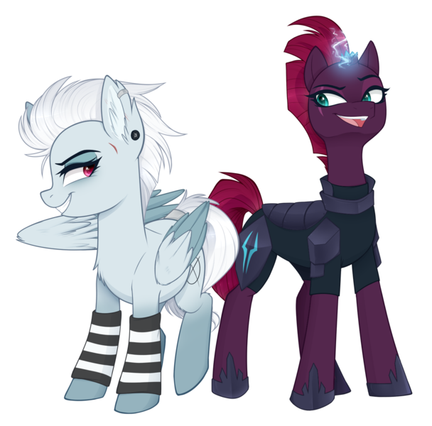 Size: 1216x1200 | Tagged: safe, artist:higgly-chan, derpibooru import, tempest shadow, oc, oc:silver shine, pegasus, pony, unicorn, armor, broken horn, clothes, colored wings, duo, electricity, eye scar, female, horn, lidded eyes, mare, multicolored wings, open mouth, purple eyes, scar, simple background, socks, sparking horn, striped socks, transparent background, wings