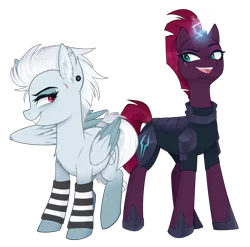Size: 1216x1200 | Tagged: safe, artist:higgly-chan, derpibooru import, tempest shadow, oc, oc:silver shine, pegasus, pony, unicorn, armor, broken horn, clothes, colored wings, duo, electricity, eye scar, female, horn, lidded eyes, mare, multicolored wings, open mouth, purple eyes, scar, simple background, socks, sparking horn, striped socks, transparent background, wings