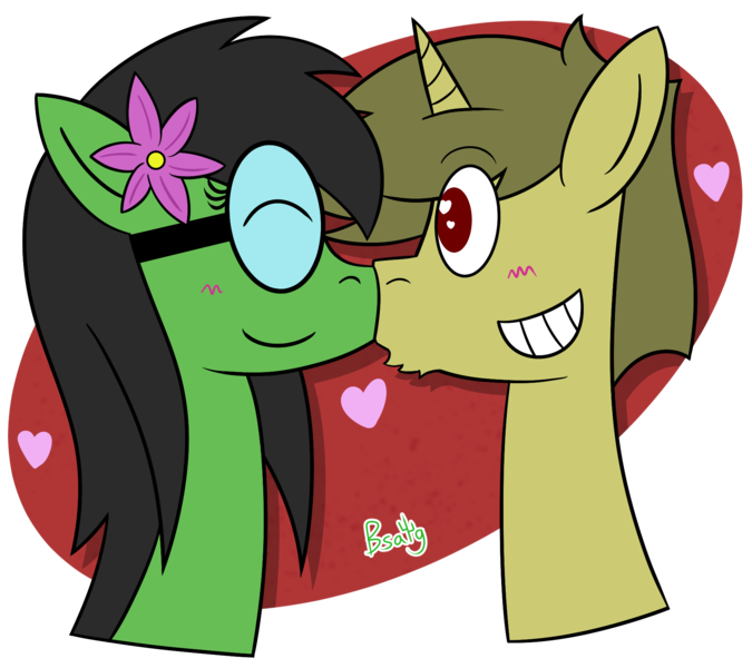 Size: 1800x1600 | Tagged: safe, artist:b-cacto, derpibooru import, oc, oc:prickly pears, oc:whatsapony, unofficial characters only, pony, unicorn, flower, flower in hair, glasses, heart eyes, horn, nuzzles, simple background, transparent background, wingding eyes
