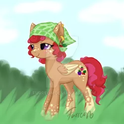 Size: 600x600 | Tagged: safe, artist:furreon, derpibooru import, oc, unofficial characters only, pegasus, pony, adoptable, adopted, bandana, colored wings, colored wingtips, dappled, deviantart watermark, ear piercing, earring, female, jewelry, lidded eyes, mare, obtrusive watermark, piercing, signature, solo, watermark, wings