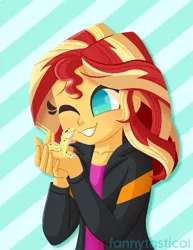 Size: 1275x1650 | Tagged: safe, artist:fannytastical, derpibooru import, ray, sunset shimmer, gecko, leopard gecko, lizard, eqg summertime shorts, equestria girls, pet project, clothes, female, jacket, no pupils