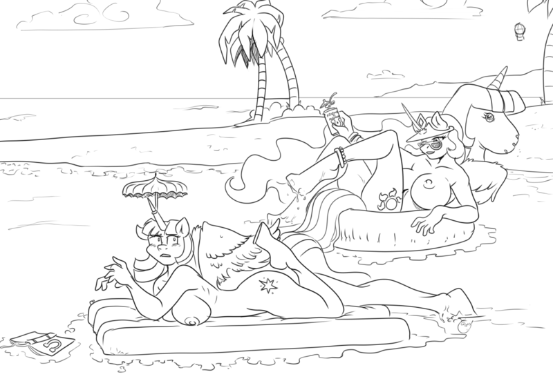 Size: 1250x883 | Tagged: alicorn, anthro, artist:yawg, beach, big breasts, book, breasts, derpibooru import, floating, hooves, horn umbrella, huge breasts, inflatable, inflatable raft, legs in air, lounging, nipples, nudity, palm tree, pool toy, princess celestia, prone, questionable, tree, twilight sparkle, twilight sparkle (alicorn), umbrella