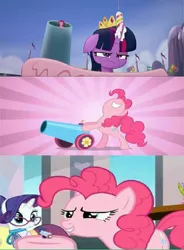 Size: 678x920 | Tagged: alicorn, cake, crown, derpibooru import, food, jewelry, my little pony: the movie, party cannon, pinkie pie, rarity, regalia, safe, school daze, schoolmarm rarity, screencap, sweet and elite, the world's smallest party cannon, twilight sparkle, twilight sparkle (alicorn)