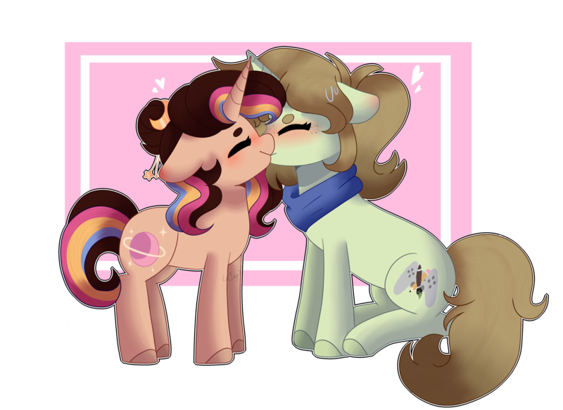 Size: 3846x2803 | Tagged: safe, artist:moon-rose-rosie, derpibooru import, oc, oc:margaret, oc:melanie, unofficial characters only, pony, unicorn, female, kissing, lesbian, mare, oc x oc, shipping, simple background, transparent background