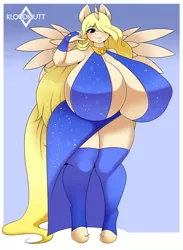 Size: 1280x1745 | Tagged: alicorn, alicorn oc, anthro, artist:kloudmutt, big breasts, breasts, clothes, derpibooru import, dress, female, fingerless gloves, gloves, horn, huge breasts, hyper, hyper breasts, impossibly large breasts, looking at you, oc, oc:queen harmony, socks, solo, solo female, suggestive, thigh highs, unguligrade anthro, wings