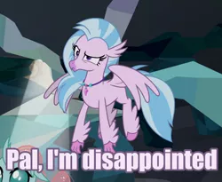 Size: 660x540 | Tagged: caption, classical hippogriff, cropped, derpibooru import, dissapoint, edit, edited screencap, editor:lyinx, female, flying, hippogriff, image macro, impact font, meme, safe, screencap, silverstream, silverstream is not amused, solo focus, text, unamused, what lies beneath, wings