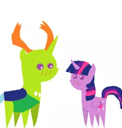 Size: 473x496 | Tagged: alicorn, antlers, artist:damiranc1, changedling, changeling, chibi, cutie mark, derpibooru import, female, king thorax, looking at each other, male, ms paint, safe, shipping, simple background, size difference, straight, thorax, twilight sparkle, twilight sparkle (alicorn), twirax, white background