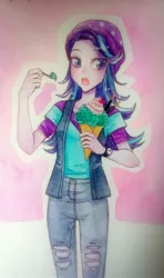 Size: 1520x2560 | Tagged: safe, artist:12irinchan, derpibooru import, starlight glimmer, equestria girls, mirror magic, spoiler:eqg specials, beanie, eating, food, hat, ice cream, open mouth, solo, traditional art, watercolor painting