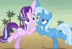 Size: 736x506 | Tagged: safe, derpibooru import, screencap, starlight glimmer, trixie, pony, unicorn, road to friendship, bipedal, cheek to cheek, coconut tree, cropped, cute, desert, diatrixes, duo, duo female, female, friendship chant, glimmerbetes, mare, messy mane, squishy cheeks