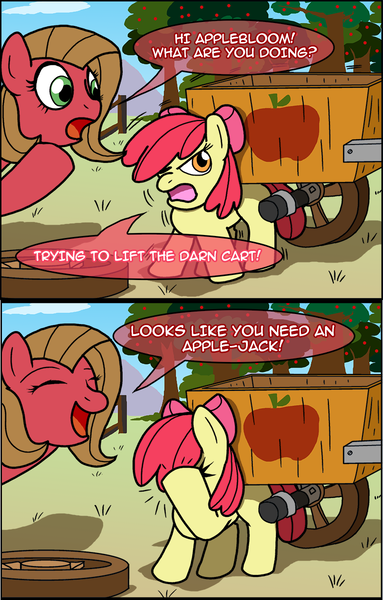 Size: 765x1200 | Tagged: safe, artist:ladyanidraws, derpibooru import, apple bloom, oc, oc:pun, earth pony, pony, ask pun, ask, cart, comic, facehoof, female, mare, pun