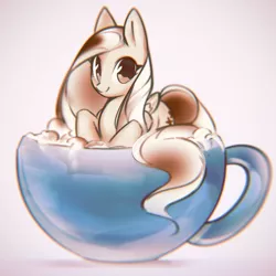 Size: 1210x1210 | Tagged: safe, artist:mirroredsea, derpibooru import, fluttershy, pegasus, pony, cappuccino, cup, cup of pony, female, looking at you, mare, micro, partial color, smiling, solo