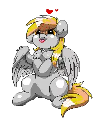 Size: 200x250 | Tagged: safe, artist:confetticakez, artist:ziggurat vertigo, derpibooru import, derpy hooves, pony, :p, cute, derpabetes, food, heart, manepxls, muffin, pixel art, ponies balancing stuff on their nose, pxls.space, silly, simple background, solo, tongue out, transparent background