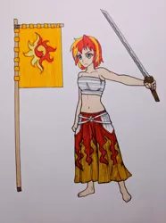 Size: 469x631 | Tagged: safe, artist:metalamethyst, derpibooru import, sunset shimmer, equestria girls, alternate hairstyle, barefoot, breast binding, crossover, erza scarlet, fairy tail, feet, flag, katana, sarashi, scar, short hair, sword, traditional art, weapon