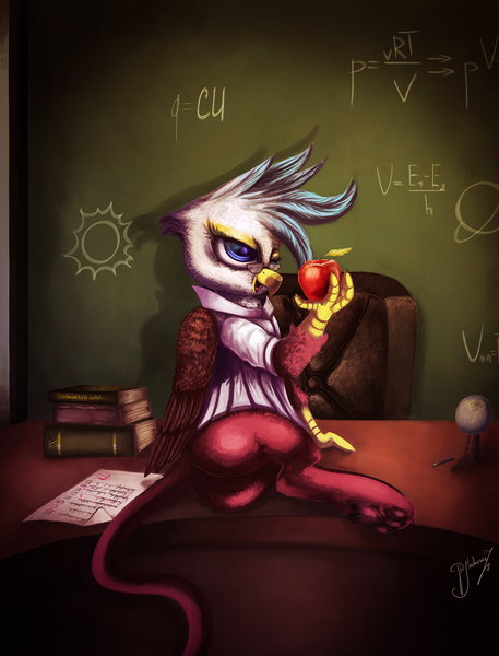 Size: 1598x2100 | Tagged: suggestive, artist:hagallaz, derpibooru import, oc, unofficial characters only, gryphon, butt, chalkboard, commission, desk, female, griffon oc, plot, solo, solo female