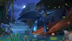 Size: 1920x1080 | Tagged: safe, artist:discordthege, derpibooru import, oc, unofficial characters only, bat pony, butterfly, fish, pony, bat pony oc, bat wings, cloud, commission, digital art, fangs, female, full moon, hypnosis, log, looking down, mare, moon, night, night sky, open mouth, pond, red eyes, reflection, rock, scenery, signature, sky, slit eyes, solo, spread wings, tree, water, waterfall, wing claws, wings