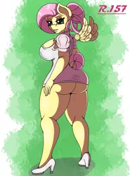 Size: 2000x2700 | Tagged: suggestive, artist:renegade-157, derpibooru import, fluttershy, anthro, bat pony, plantigrade anthro, ass, big breasts, breasts, busty fluttershy, butt, clothes, commission, cosplay, costume, eyelashes, female, flutterbat, flutterbutt, flutternurse, helloooooo nurse, high heels, legs, looking back, nurse, nurse joy, pokémon, race swap, shoes, smiling, stupid sexy fluttershy, teal eyes, the ass was fat, thick, thighs, wings