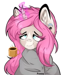 Size: 714x822 | Tagged: safe, artist:ilovefraxus, derpibooru import, oc, oc:tarot, unofficial characters only, classical unicorn, pony, unicorn, blanket, bust, cloven hooves, coffee, commission, curved horn, digital art, ear piercing, female, floppy ears, freckles, horn, leonine tail, long mane, magic, mare, mug, palomino, piercing, pink mane, simple background, sleepy, solo, transparent background, unshorn fetlocks, ych result