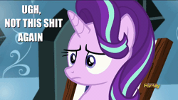 Size: 850x478 | Tagged: safe, derpibooru import, edit, edited screencap, screencap, starlight glimmer, pony, unicorn, the crystalling, 4chan, animated, annoyed, caption, cutie mark, deck chair, discovery family logo, drama, female, food, furrowed brow, gif, image macro, mare, meme, nope, not this shit again, popcorn, reaction image, text, ugh, vulgar