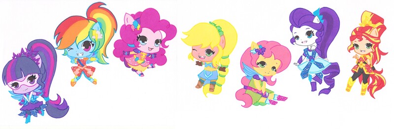 Size: 3888x1272 | Tagged: safe, artist:ocean-drop, derpibooru import, applejack, fluttershy, pinkie pie, rainbow dash, rarity, sci-twi, sunset shimmer, twilight sparkle, equestria girls, legend of everfree, chibi, clothes, crystal guardian, female, humane five, humane seven, humane six, one eye closed, ponied up, scitwilicorn, simple background, white background, wink