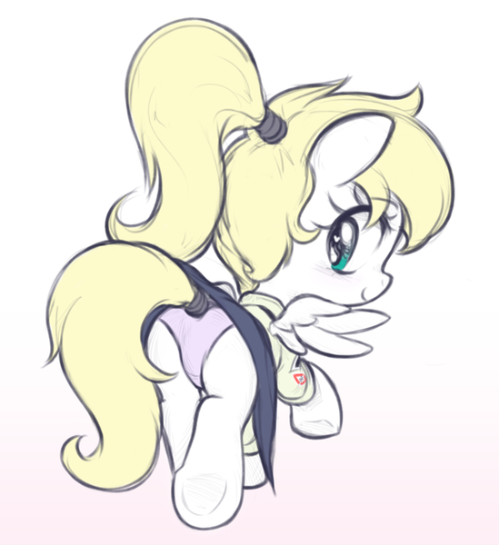 Size: 812x888 | Tagged: suggestive, artist:pestil, derpibooru import, oc, oc:luftkrieg, unofficial characters only, pegasus, pony, adorasexy, aryan, aryan pony, bedroom eyes, blonde, butt, clothes, colored sketch, cute, dress, female, filly, gradient background, implied foalcon, looking back, luftkriebetes, nazi, nazipone, panties, pink underwear, plot, ponytail, sexy, shirt, simple background, sketch, skirt, skirt lift, solo, tail upskirt, tail wrap, underhoof, underwear, uniform, upskirt, white background, wingding eyes