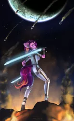 Size: 3200x5200 | Tagged: safe, artist:mintjuice, derpibooru import, oc, oc:thunder blast, unofficial characters only, alien, anthro, unicorn, anthro oc, clothes, commission, drop pod, energy sword, exosuit, female, fire, invasion, landing, looking at you, mare, night, planet, sky, weapon, ych result