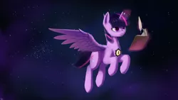 Size: 2560x1440 | Tagged: alicorn, alternate universe, artist:quvr, commission, derpibooru import, fanfic art, fanfic:songs of the spheres, fanfic:the influence, female, flying, magic, mare, notebook, quill, safe, solo, space, spread wings, twilence, twilight sparkle, twilight sparkle (alicorn), wings