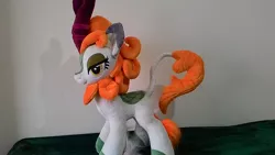 Size: 1600x900 | Tagged: artist:masha05, autumn blaze, derpibooru import, female, irl, kirin, lidded eyes, photo, plushie, safe, solo, sounds of silence, toy