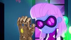 Size: 1920x1080 | Tagged: safe, derpibooru import, edit, edited screencap, screencap, photo finish, a photo booth story, eqg summertime shorts, equestria girls, avengers: infinity war, female, glasses, infinity gauntlet, solo