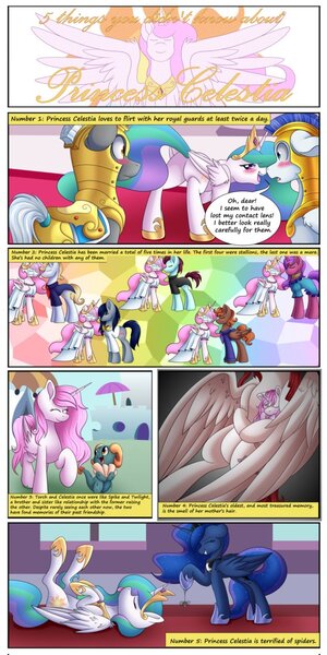 Size: 632x1264 | Tagged: suggestive, artist:calamity-studios, derpibooru import, dragon lord torch, princess celestia, princess luna, oc, oc:fausticorn, alicorn, dragon, pony, spider, series:five things you didn't know, arachnophobia, baby, baby dragon, bisexual, blushing, butt, clothes, comic, cute, cutelestia, dress, female, male, mare, pink-mane celestia, plot, royal guard, scroll, sillestia, silly, stallion, this will end in tears and/or a journey to the moon, tongue out, wedding dress, younger