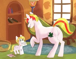 Size: 1018x784 | Tagged: safe, artist:spazzyhippie, derpibooru import, oc, oc:golden horseshoe, oc:lucky charm, pegasus, pony, unicorn, adorable face, cute, drawing, duo, father and child, father and daughter, female, filly, fluttershy's cottage (interior), male, mouth hold, offspring, parent:fluttershy, parent:oc:lucky charm, parents:canon x oc, stallion