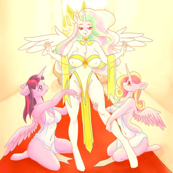 Size: 2500x2500 | Tagged: alicorn, almost nude, anthro, artist:bunnycat, breasts, bright, carpet, cleavage, derpibooru import, erect nipples, female, females only, looking at each other, looking at you, looking up, nipple outline, praise the sun, princess cadance, princess celestia, red carpet, stained glass, suggestive, throne room, twilight sparkle, twilight sparkle (alicorn), unguligrade anthro