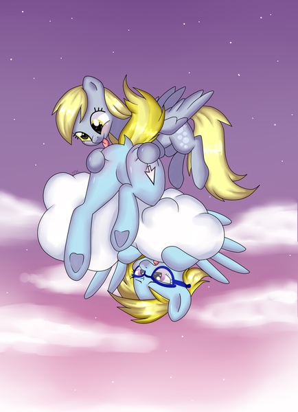 Size: 1000x1384 | Tagged: suggestive, artist:justpornoml, derpibooru import, derpy hooves, oc, oc:cloud cuddler, pegasus, pony, butt grab, butt touch, cloud, commission, cute, cutie mark, dock, dusk, featureless crotch, female, females only, frog (hoof), glasses, grope, hooves, lesbian, licking, mouse cursor, shipping, stars, tongue out, underhoof, upside down, ych result