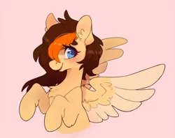 Size: 640x508 | Tagged: safe, artist:dreamyri, derpibooru import, oc, oc:aerion featherquill, unofficial characters only, pegasus, pony, blue eyes, blushing, colored wings, female, looking at you, mare, multicolored hair, multicolored wings, raised hooves, simple background, smiling, solo, spread wings, wings