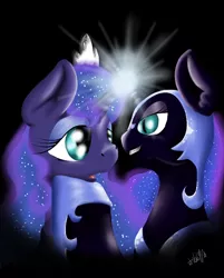 Size: 800x994 | Tagged: safe, artist:valemjj, derpibooru import, nightmare moon, princess luna, alicorn, pony, horn, horns are touching