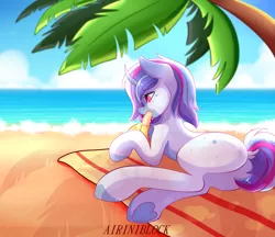 Size: 2569x2222 | Tagged: suggestive, artist:airiniblock, derpibooru import, oc, oc:aqua jewel, unofficial characters only, pony, unicorn, banana, bananajob, beach, butt, curved horn, female, food, horn, implied blowjob, implied oral, implied sex, mare, plot, rcf community, solo, suggestive eating