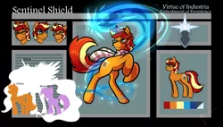 Size: 1900x1080 | Tagged: safe, artist:halfway-to-insanity, derpibooru import, oc, oc:sentinel shield, pony, unicorn, action pose, color palette, expressions, pose, reference sheet, size chart, size comparison, solo