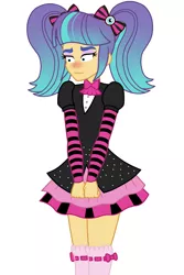 Size: 1200x1800 | Tagged: safe, artist:mashoart, derpibooru import, flash sentry, equestria girls, clothes swap, crossdressing, embarrassed, male, simple background, solo, white background