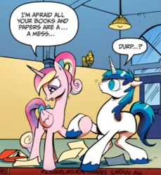 Size: 661x723 | Tagged: artist:andypriceart, derpibooru import, edit, editor:symphonic sync, female, gibberish, holding hooves, hoof hold, idw, male, neigh anything, princess cadance, safe, shining armor, shiningcadance, shipping, speech bubble, spoiler:comic11, straight, teen princess cadance