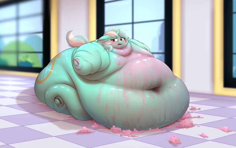 Size: 3906x2456 | Tagged: alternate version, artist:php33, belly, belly button, big belly, bingo wings, blob, blushing, butt, cake, chubby cheeks, cutie mark, derpibooru import, double chin, ear fluff, expansion, fat, fetish, floppy ears, food, frog (hoof), huge belly, huge butt, immobile, impossibly large belly, impossibly large butt, indoors, lard-ra heartstrings, large butt, lyra feedee, lyra heartstrings, messy, messy eating, morbidly obese, navel fetish, neck roll, obese, open mouth, questionable, rolls of fat, semi-grimdark, slob, solo, source needed, stretched cutie mark, underhoof, window