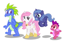 Size: 1280x863 | Tagged: safe, artist:aleximusprime, derpibooru import, princess celestia, princess luna, oc, dragon, pony, unicorn, ask accord, fanfic:age of the alicorns: chaos rising, tumblr:ask accord, age of the alicorns, canon x oc, cute, dragon oc, female, filly, kids, mare, penny the dragon, percy and penny, percy the dragon, pink-mane celestia, simple background, smiling, transparent background, walking, woona, young celestia, young luna, younger, youth